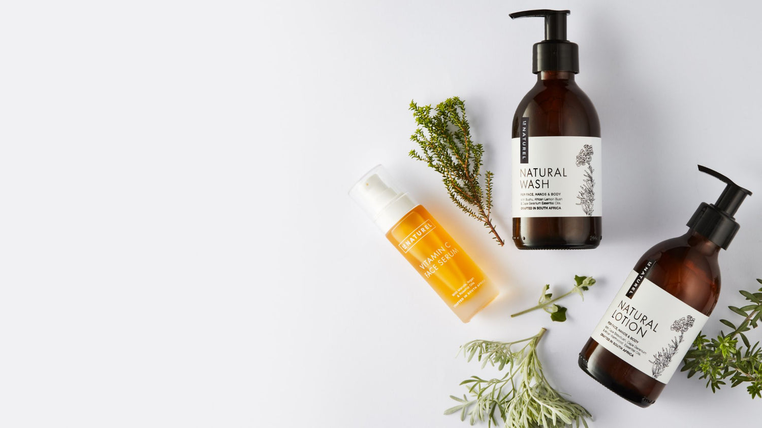 Natural skincare bottles with fynbos