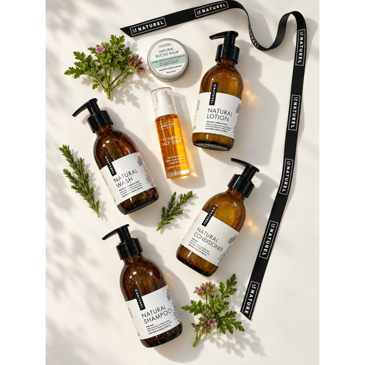 Le Naturel botanical skincare flat lay