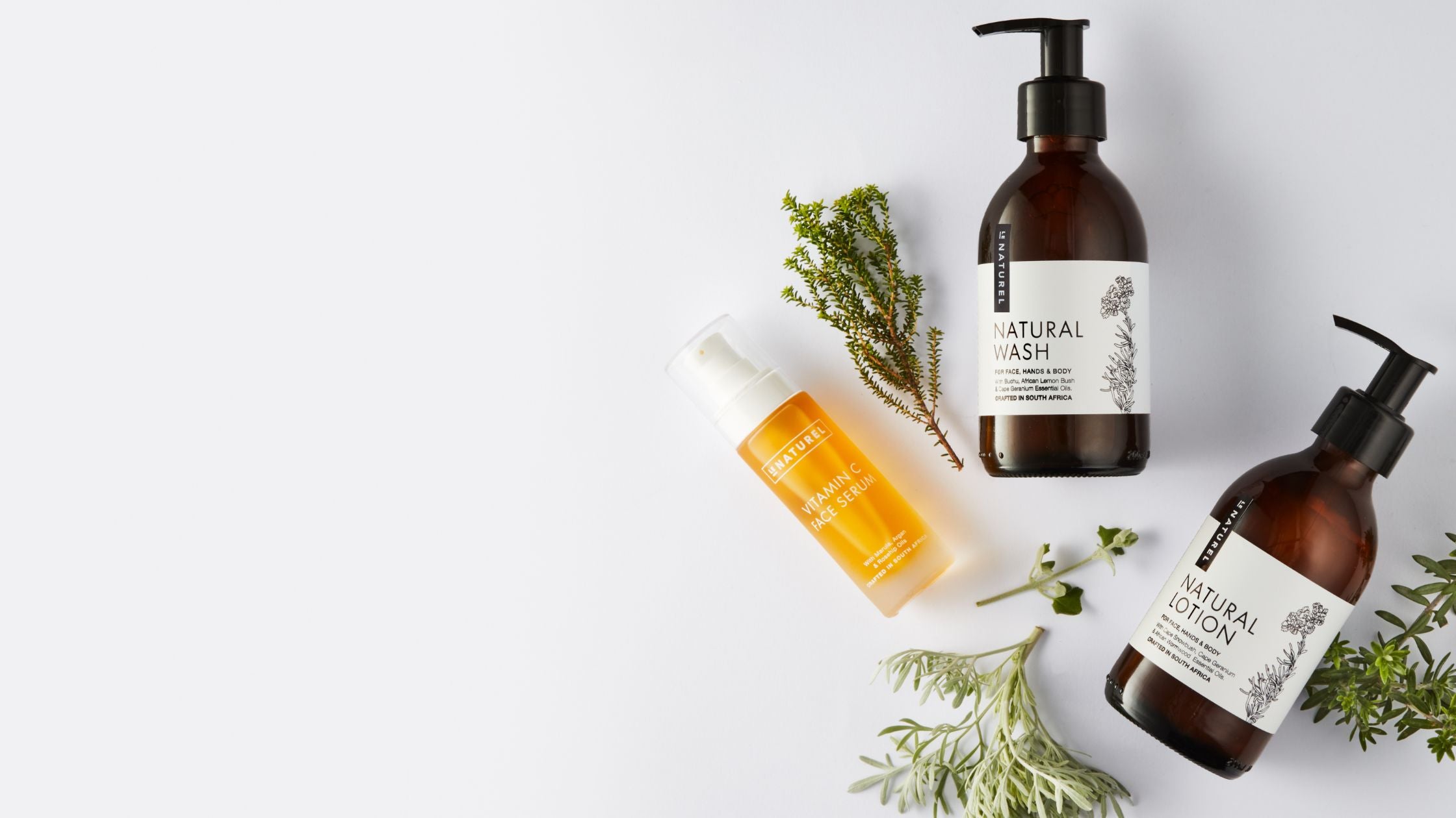 Natural skincare bottles with fynbos