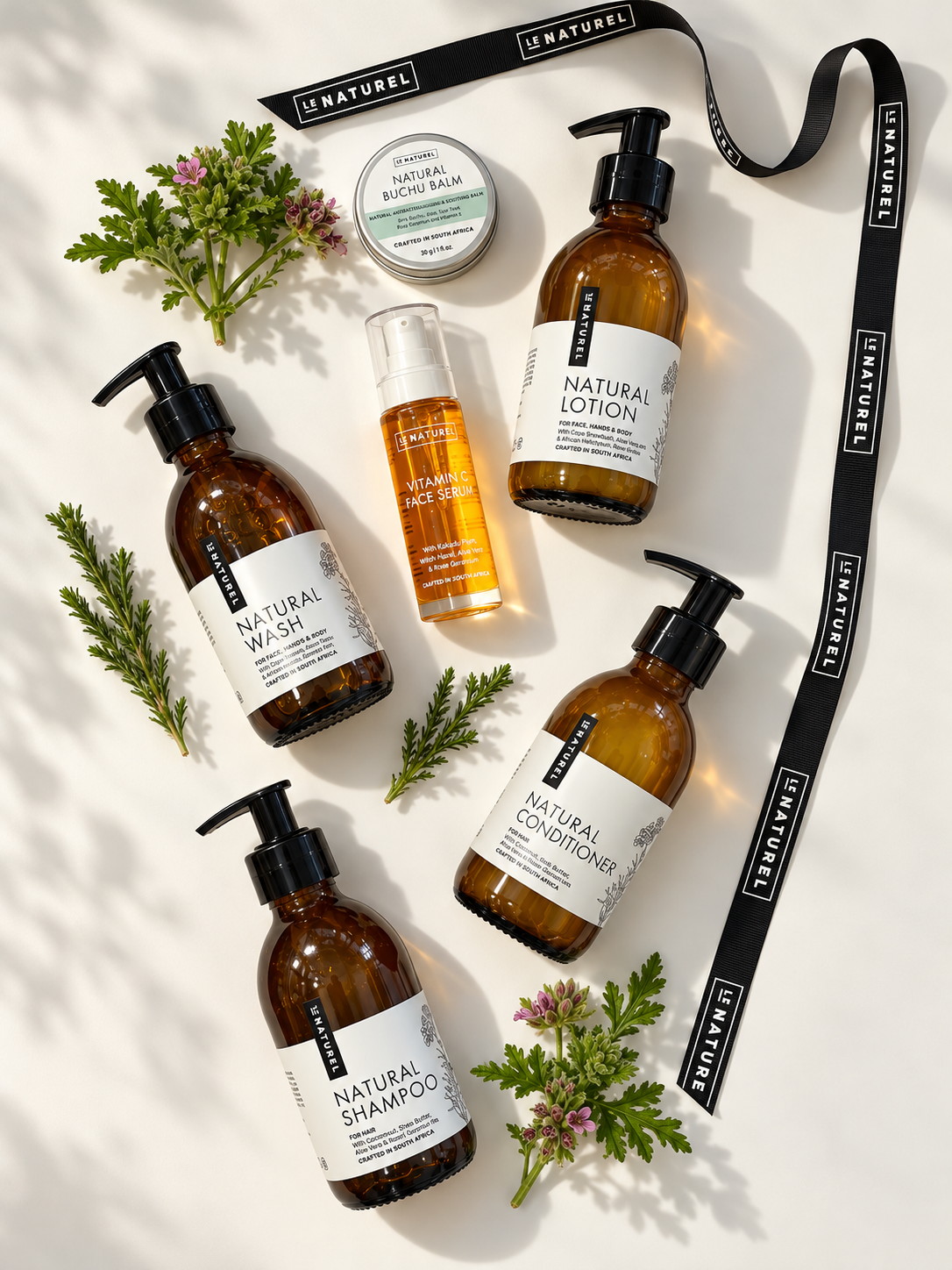 Le Naturel botanical skincare flat lay