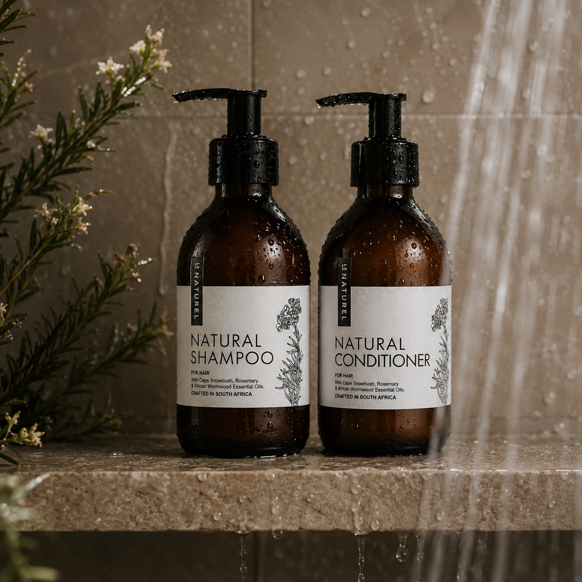 Le Naturel Natural Shampoo and Natural Conditioner on a stone shower ledge with fynbos
