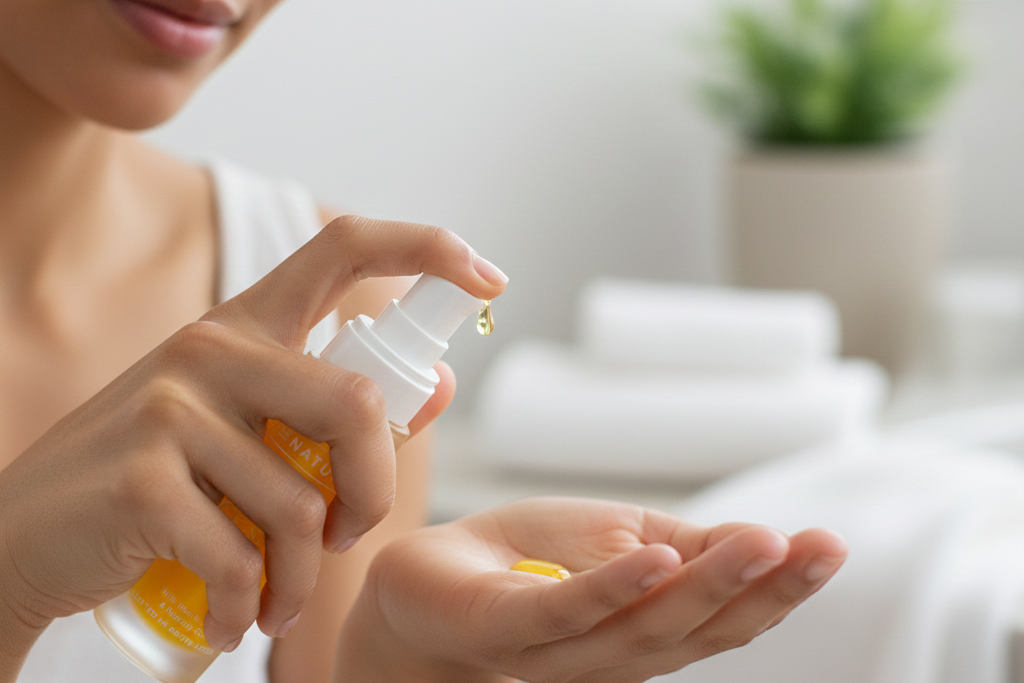 Woman applying a spray from a bottle onto her palm with a blurred indoor background